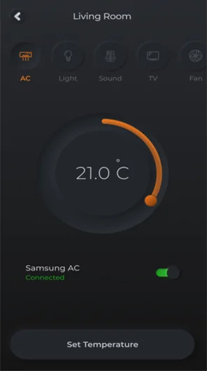 Smart-home app: living-room temperature dial set to 21 °C with device toggles